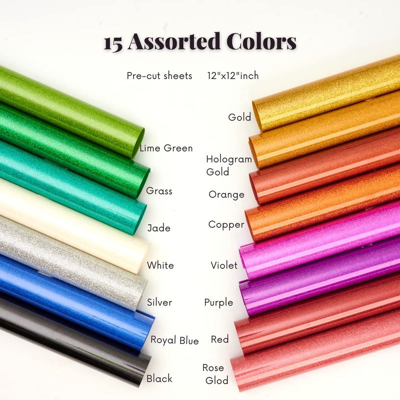 FANSGUAR HTV Glitter Heat Transfer Vinyl 12"x12" Bundle 15 Sheets Iron on for DIY Design Shirts Gifts (Assorted 15 Colors) - Image 2